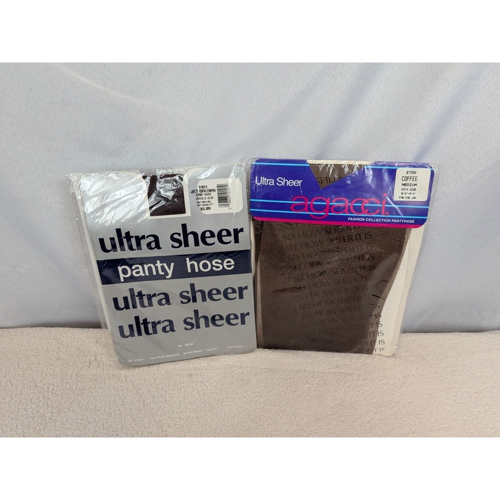 Lot of 2 Vintage Pantyhose Agacci Coffee Medium Ultra Sheer‎ Jet Brown One Size
